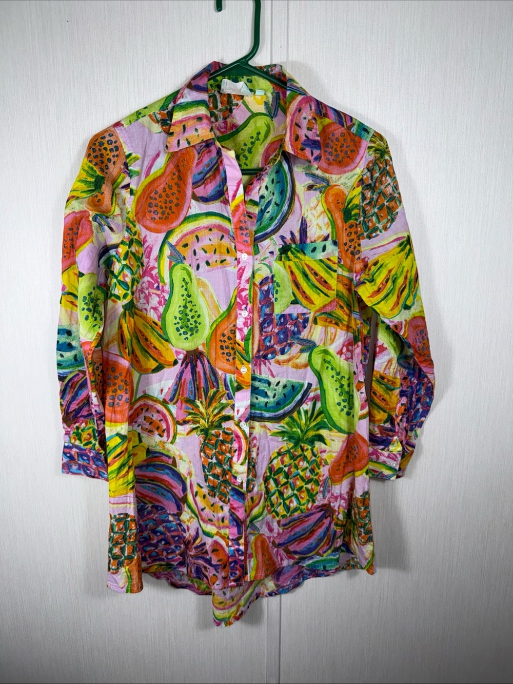 True Destinations Women XS Tropical Fruit Button Down Shirt Cotton Roll Tab